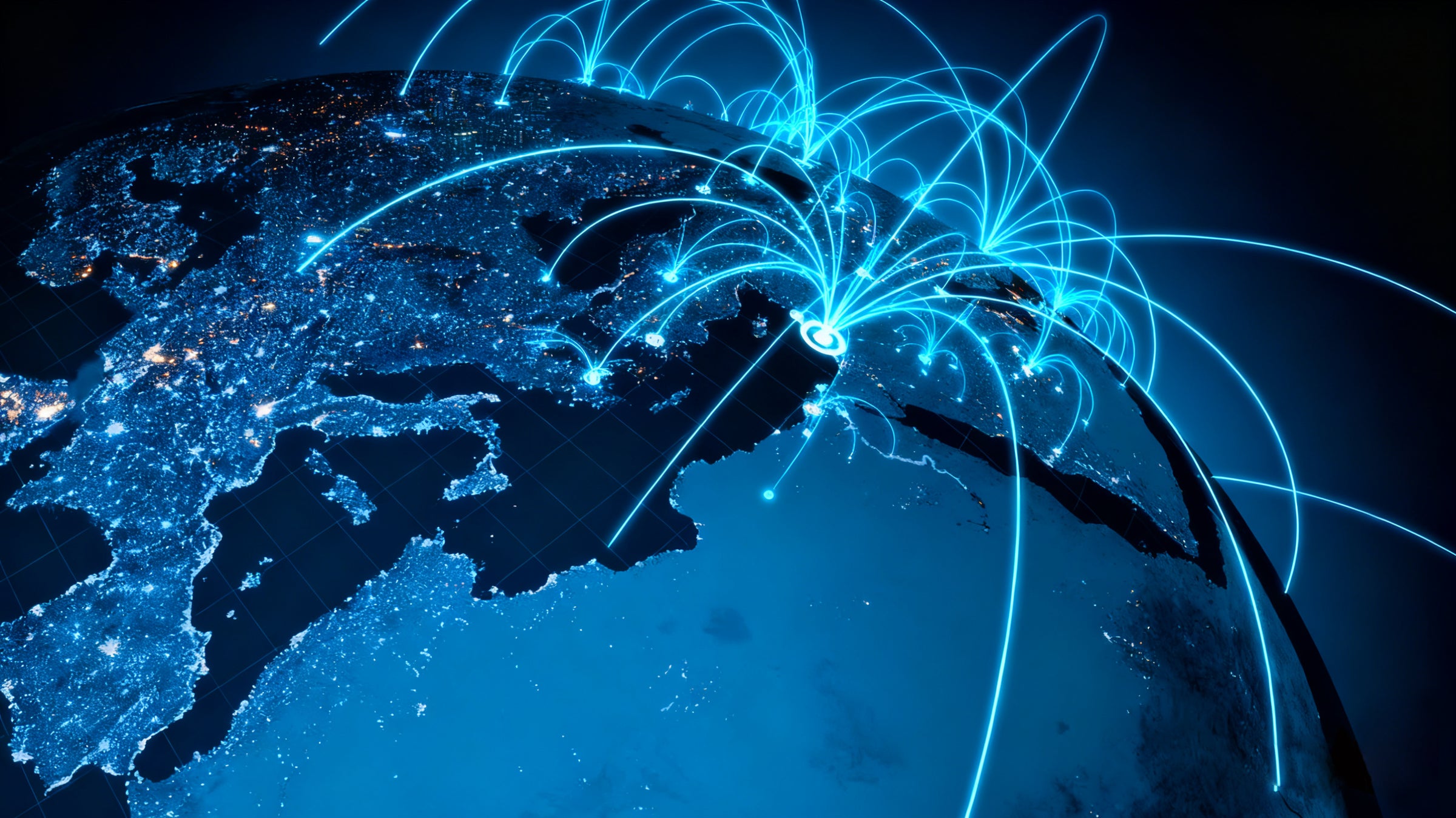 Map of Asia with glowing network lines connecting major cities, resembling a global network or internet connection.
